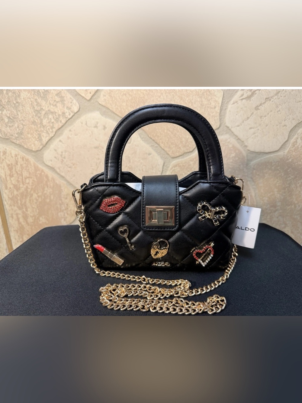 Aldo Black Quilted Handbag Embellished Gold Chain Crossbody Lips Bow Key NWT